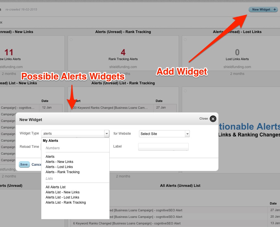 Alerts Widgets cognitiveSEO