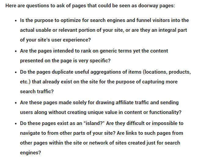 Google doorway pages definition