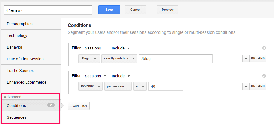 Advanced segments in analytics