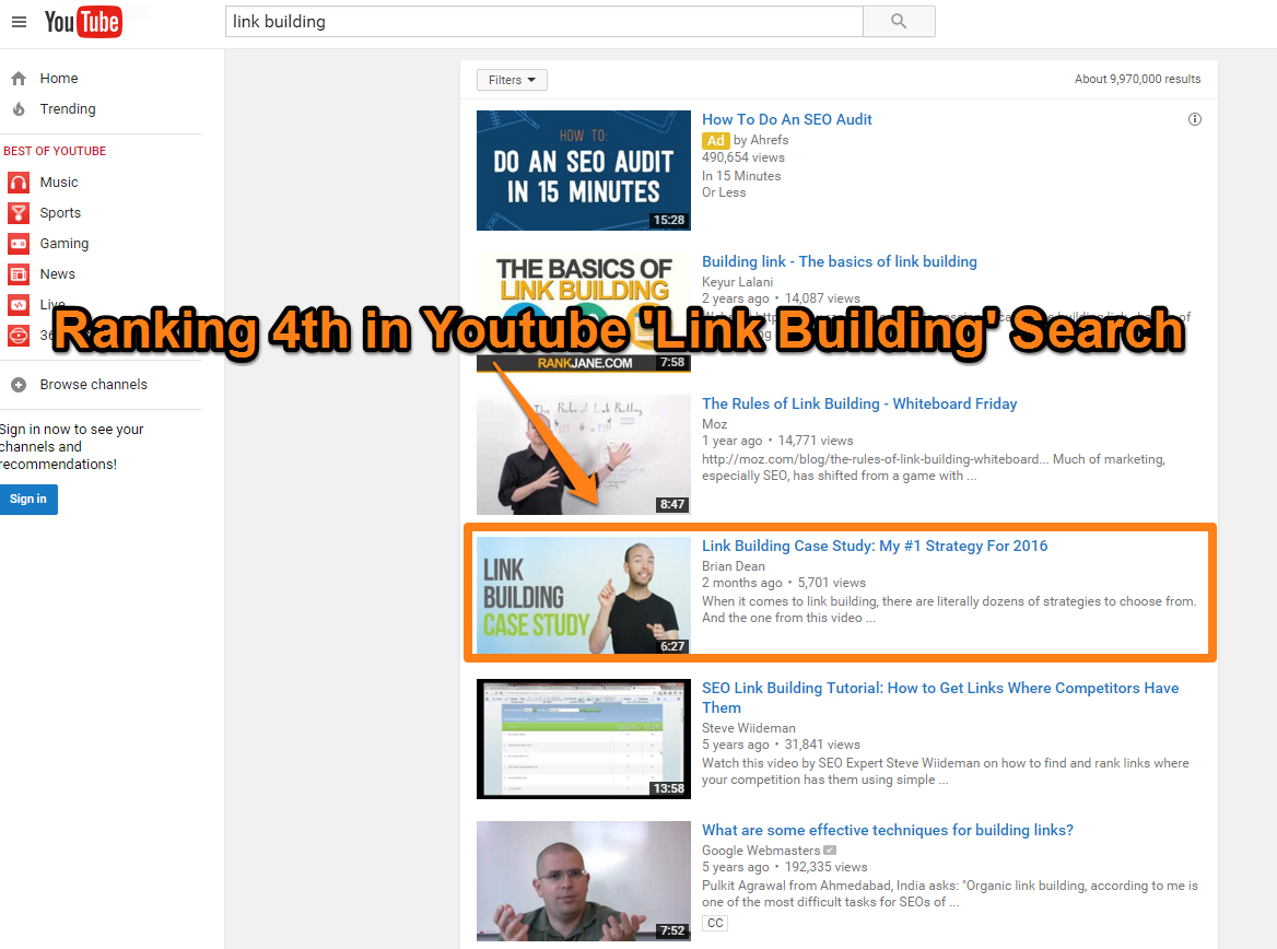 Brian Dean - Ranking 4th in Youtube for the Keyword Link Building