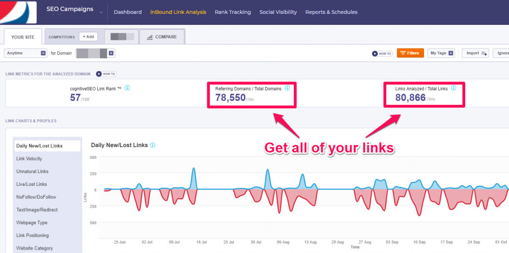 cognitiveSEO inbound link analysis