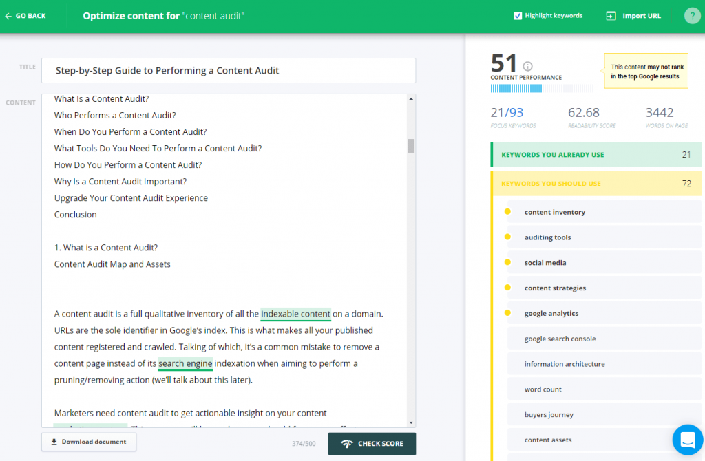 content audit - content assistant before