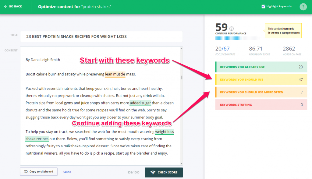 Content optimization with Content Assistant tool