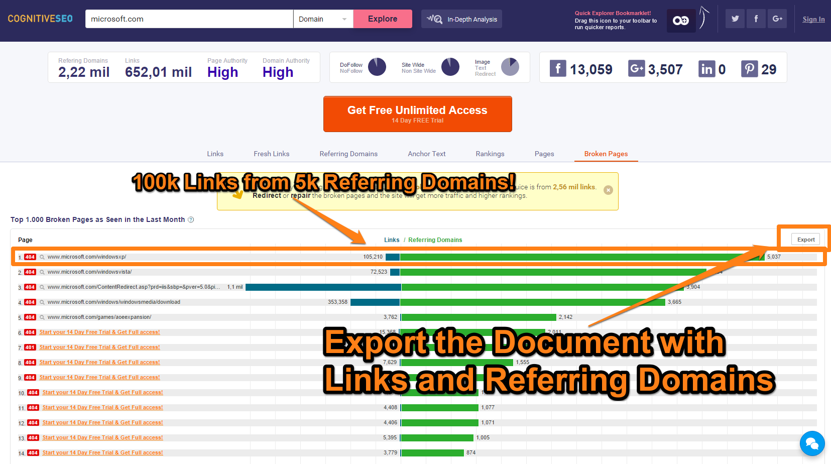 Identify Broken Links - cognitiveSEO Site Explorer