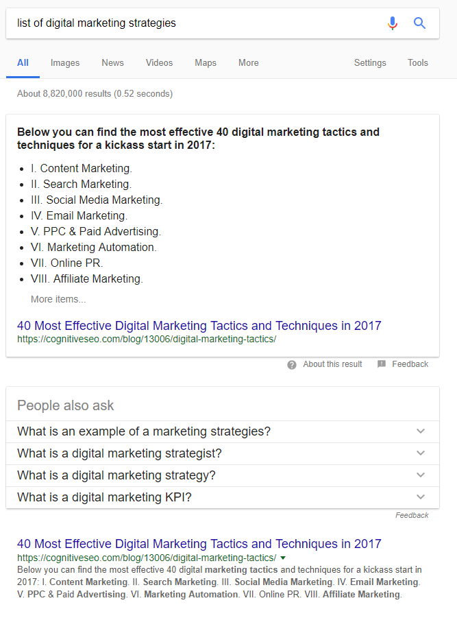 list of digital marketing strategies SERP