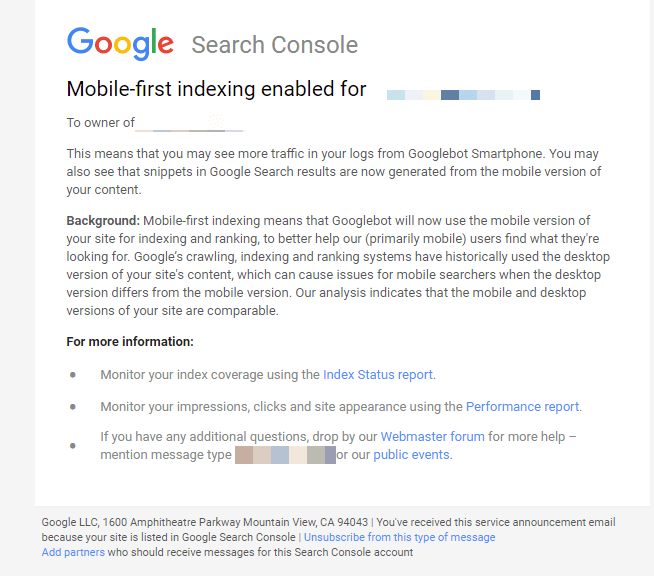 mobile first indexing message