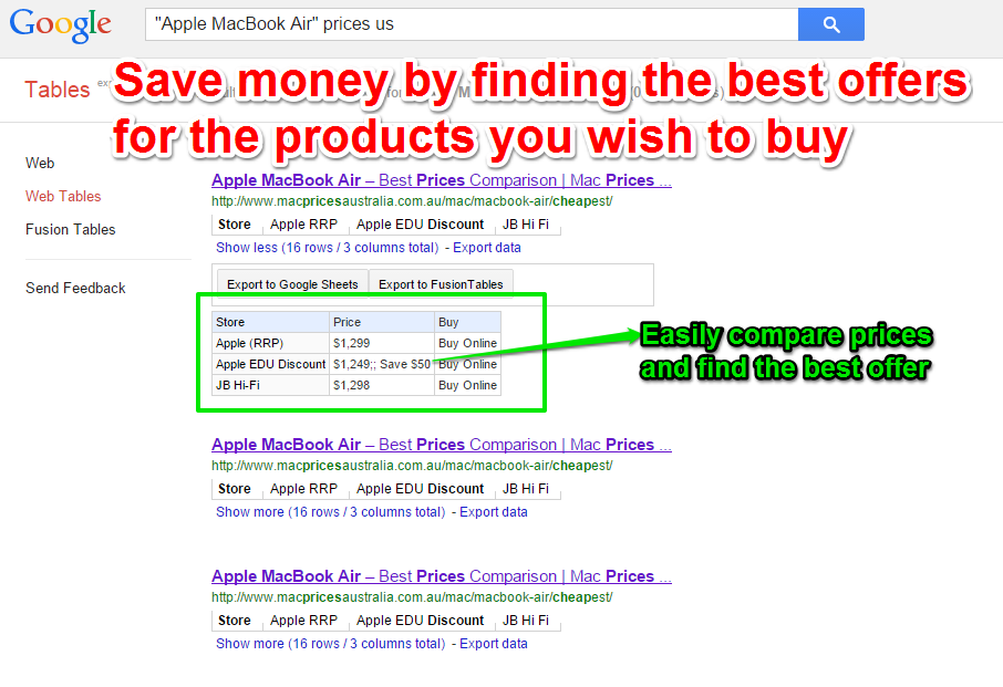 Google Tables Compare Prices