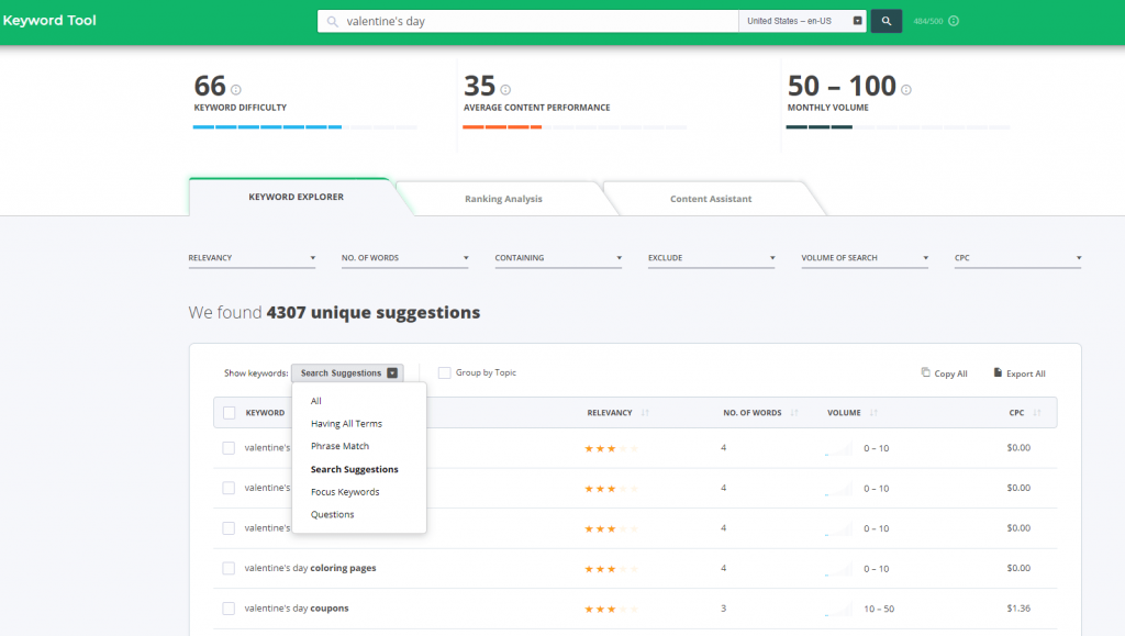 Search Valentine's day in keyword tool
