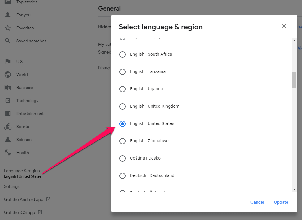 Select language and country in Google news