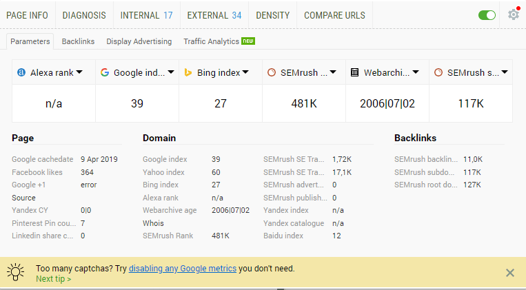 SEOquake on page information