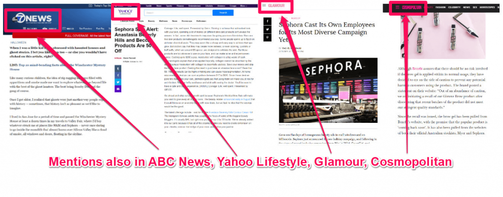 Sephora mentions online publications