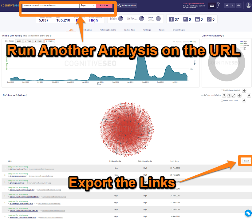 Site Explorer - Export Links from URL Analysis