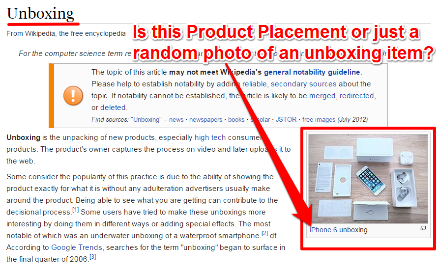 Wikipedia Unboxing iPhone Placement
